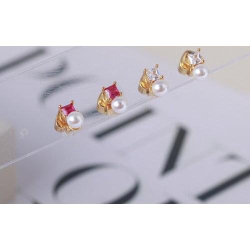 Small unique simple European and American style colored square small inlaid pearl girl heart fashion mini earrings for women