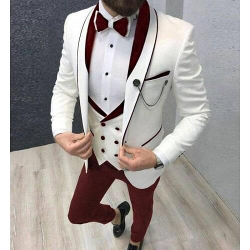 Slim Fit Men Suits for Prom 3 Piece Shawl Lapel White Jacket with Pants Waistcoat Custom Wedding Groomsmen Tuxedo Male Fashion