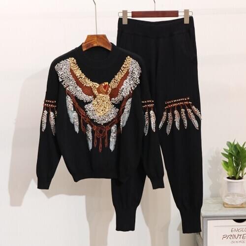 Autumn Black Sports Knitted Tracksuit Women Outfits Manual Beading Eagle Pattern Sweater Pants Set Female Loose Casual Knit Suit