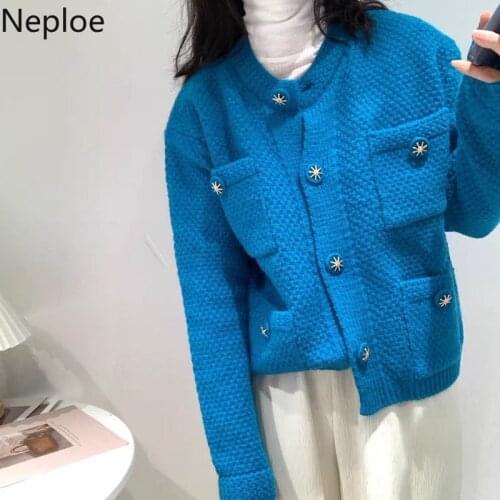 Neploe 2021 Fall Clothing Cropped Sweater Women Japanese Vintage Knitted Cardigan O-neck Long Sleeve Pocket Sueter Tops Mujer