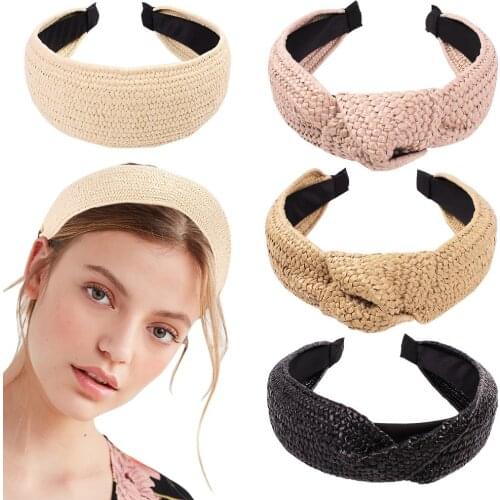 2020 New Fashion Straw Knot Headband Simple Hair Accessories Women Fabric Braided Flat Hair Band Headwear Solid Color Headband