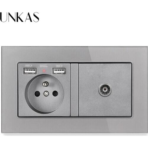 UNKAS Luxury glass panel 2 Gang Wall Power 16A French Standard Electrical+USB Charge Port With Female TV Jack Double Outlet