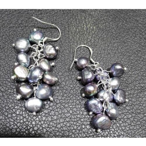 Woman Jewelry Earring Bright Black Gray Pearl bunch Dangle Hook Earring Real Natural Freshwater pearl