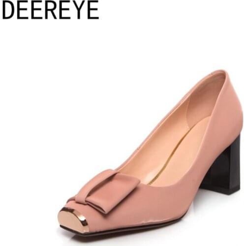 Korean Elegant Slip On Womens Pumps Bowknot Metal Square Toe 7CM Chunky High Heels Single Shoes Office Dating Shopping Luxury