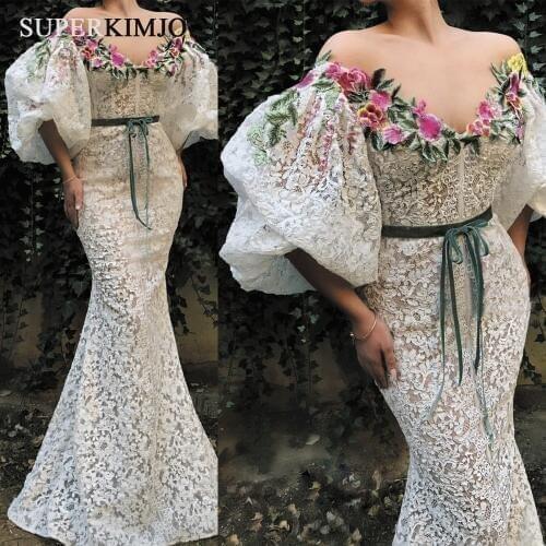 SuperKimJo Flare Sleeve Mermaid Evening Dresses Long Lace Embrodiery Applique Elegant Evening Gown 2019 Abendkleider