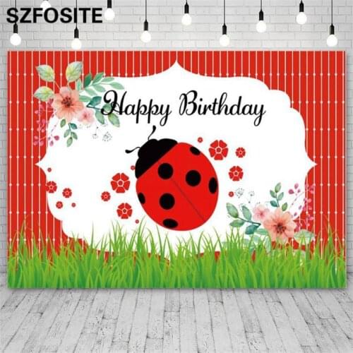 Spring Grassland Beetle Baby Shower Backdrop Photography Flowers Happy Birthday Newborn Girl Party Vinyl Background Photo Studio