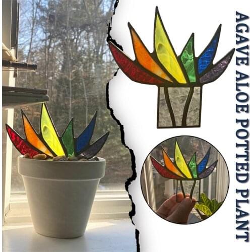 Suncatcher Stained Agave Plant Flower Pot Ornament Home Handmade Craft for Garden Yard Outdoor Indoor Table Desk CLH@8