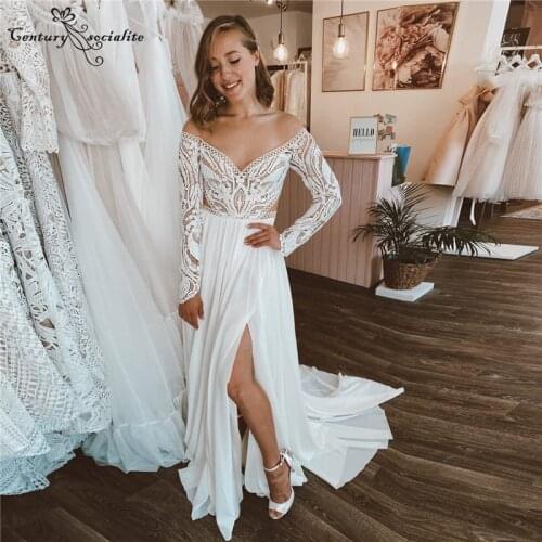 Boho Wedding Dresses for Women 2021 Sheer O-Neck Lace Chiffon Pearls A-Line Bohemian Bridal Gowns for Bride Vestido De Noiva