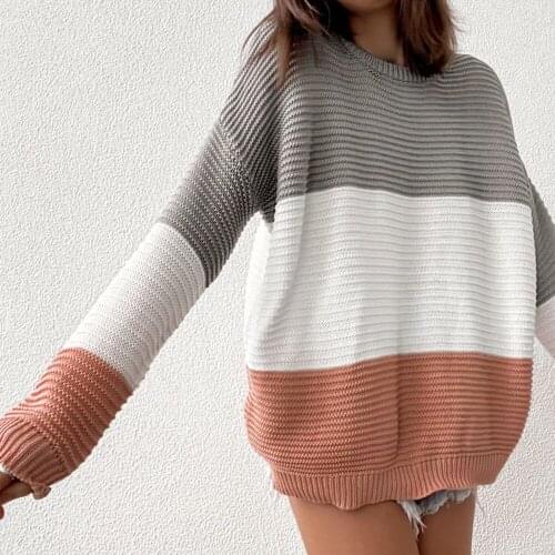 2021 Fall Casual Knitted Striped Sweater For Women O Neck Long Sleeve Loose Oversize Pullover Fashion Plus Size Jumper Clothes