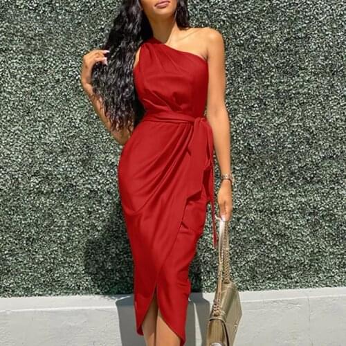 Elegant Bandage Pink Midi Satin Dress Women Off Shoulder Slit Red Sexy Evening Club Party Dresses Vestidos 2021 Summer Clothing