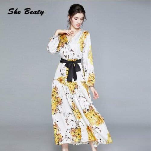 She Beaty Yellow Floral Printed Dress Women 2021 Summer Fashion Clothes Long Sleeve V-Neck Party Beach Midi Dresses Traf Chiffon