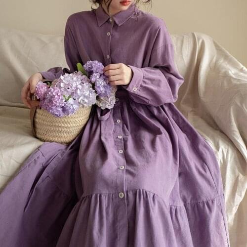 New Spring Women Long Corduroy Dress Autumn Turn-down Collar Button Solid Vintage Korean Dress Romantic Shirt Dress X72