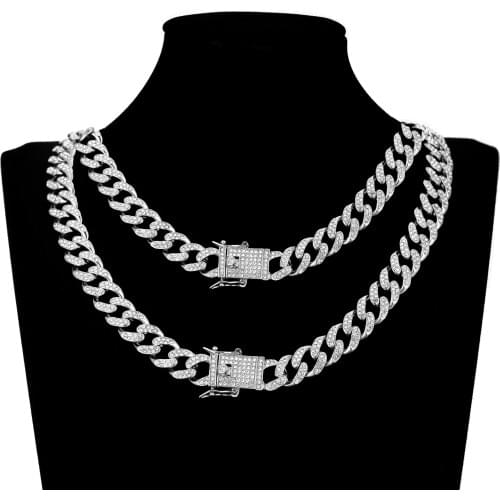 13mm Miami Prong Cuban Chain Link Silver Color Necklaces 2 Row Full Iced Out Rhinestones Bracelet Set for Mens Hip Hop Chains