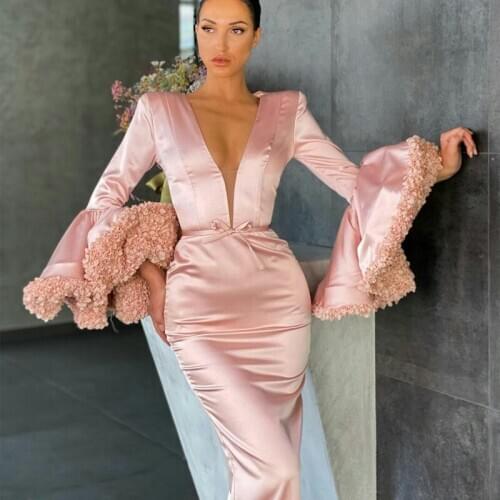 Shiny Pink Mermaid Prom Dresses Deep V Neck Long Sleeve Ruffles Flowers Dubai Saudi Arabic Formal Evening Gowns