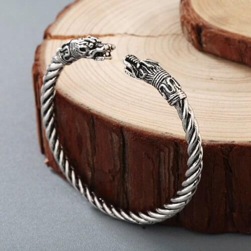 Antique Viking Dragon Head Bangles for Men Twisted Open Norse Mythical Beast Bracelet Punk Cool Boyfriends Jewelry Gift