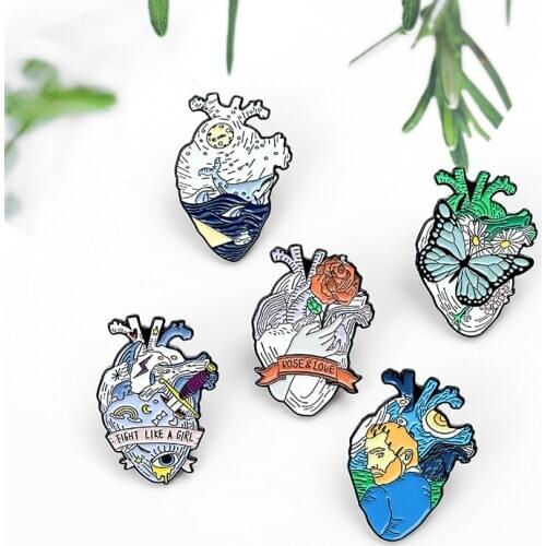Heart Shape Van Gogh Space Enamel Custom Pins Ocean Whale Rose Girl Power Brooches Lapel Pin Shirt Bag Badge Jewelry Gift Friend