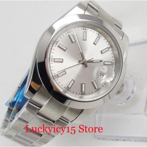 Luxury Nologo Silver Color Polished Automatic Mens Watch Auto Date Stainless Steel Bracelet 40mm Watch Case