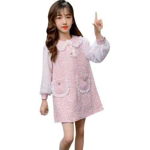 Kids Party Dress for Girls Lace Lapel Long Sleeve Splicing Dress Children Clothing Princess Party Dress for Baby Girls 3-12 Year
