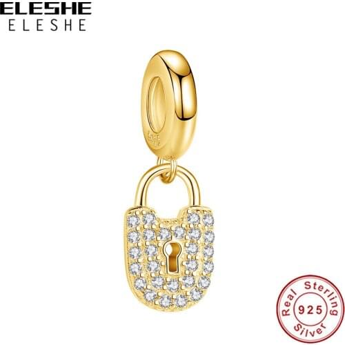 ELESHE Sparkling CZ Lock Charm Luxury 925 Sterling Silver Bead for fit Bracelets for Women DIY Jewelry Accessories 2021