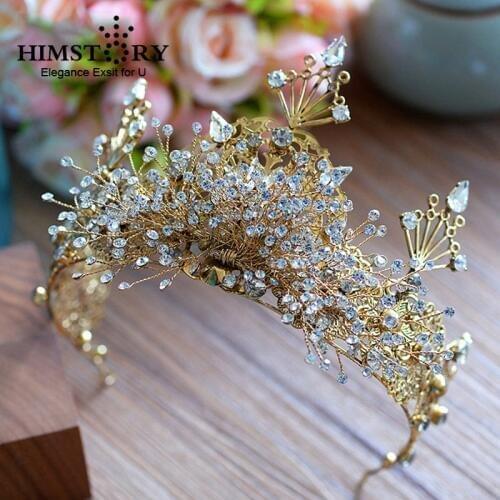 HIMSTORY Super Luxurious Handmade Gold Crystal Baroque Wedding Tiara Crown Bridal Queen Princess Crown Hair Accessories