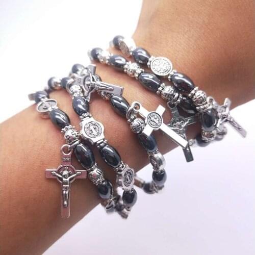 Christian Icon Black Stone Beads Catholic Crucifix INRI Cross Saint Benedict Virgin Rosary Bracelet Religious Prayer Jewelry