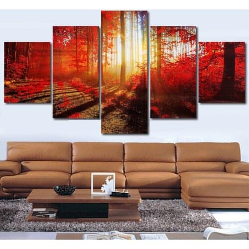 Modular 5 Panel Red Maple Tree Forest Landscape Posters Wall Art Canvas HD Printed Oil Paintings Living Room Pictures Home Decor