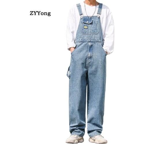 2021 Spring Denim Rompers Overalls Men Bib Jumpsuit Single Cargo Fashion Casual Pants Big Pocket Light Blue Trousers