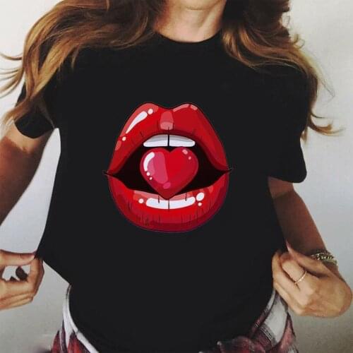 New Summer female Tops Tees Red Mouth Lip Kiss Women Black Tshirt Funny Rainbow Graphic Tee Shirt Femme Harajuku woman T Shirt
