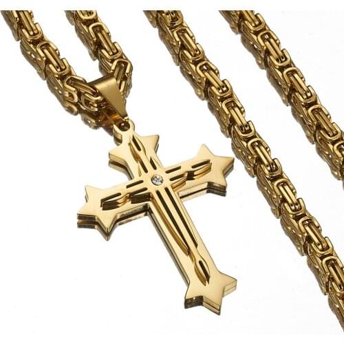 New Design Mens Cross Necklace Gold Black Stainless Steel Byzantine Chain Necklace Male Jewelry Dropshipping Gifts for Men