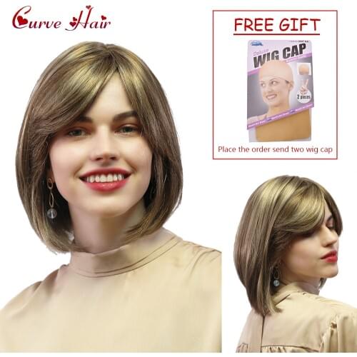 Synthetic Hair Wig Lady Short Wigs Brown Blonde Wig With Side Bangs Low Temperature Fiber Hand Tied Monofilament Women Wigs