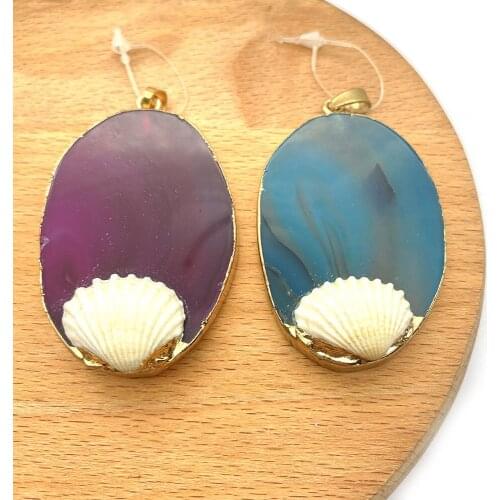 2pcs/pack Natural Semi-precious Stone Agate with Natural Shell Pendants DIY for Making Necklace 6 Colors for Choice 34x54mm Size