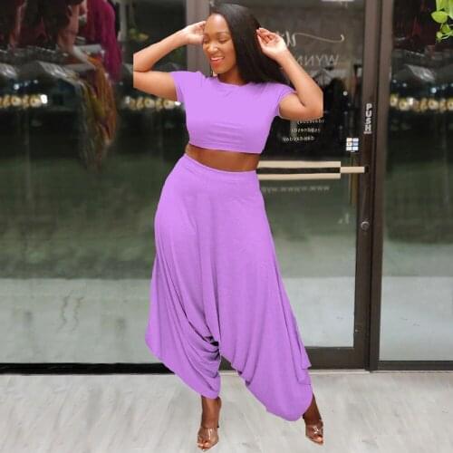 Casual Solid Two Piece Set Tracksuit for Women 2021 Short Sleeve O-neck T-shirt and Baggy Draped Harem Pants Loungewear Suits