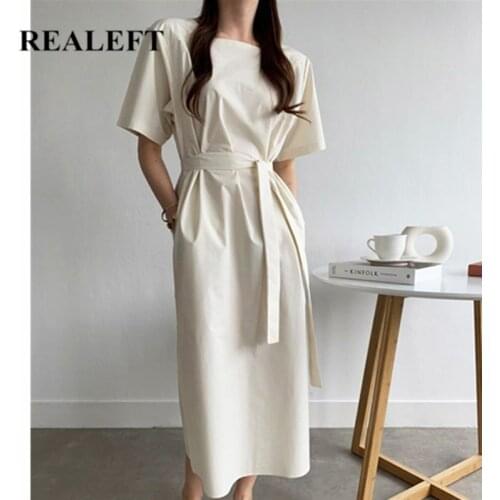 REALEFT Summer 2021 New Minimalist Womens Long Dresses Sashes Lace Up Square Collar Casual Loose Female OL Straight Dress