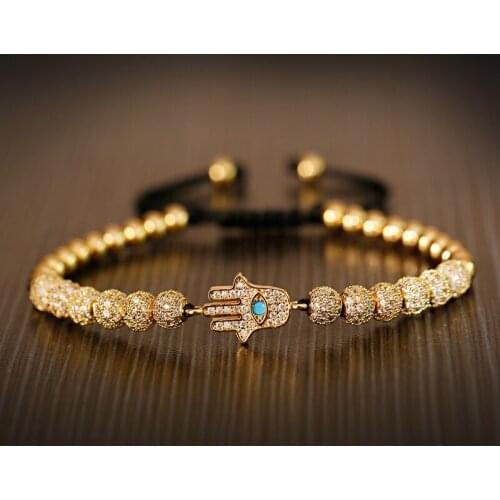 Luxury Gold Hamsa Fatima Hand Evil Eye Beads Bracelet Men Classic CZ Adjustable Bracelet Homme Handmade Jewelry For Women