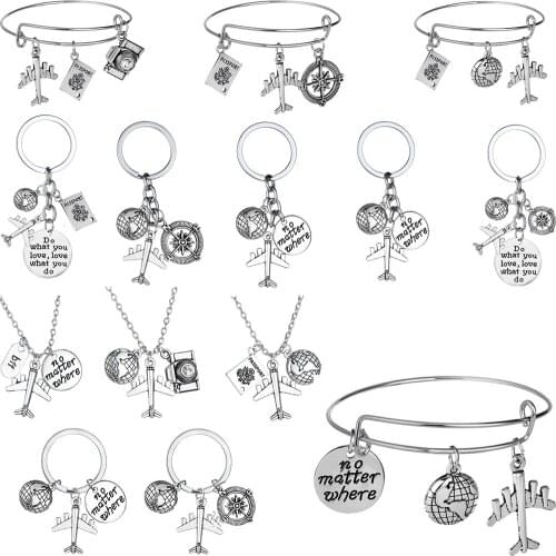 Airplane Compass Camera Earth Passport Pendant Necklace No Matter Where Friends Family Party Birthday Wanderer Travel Gift Charm