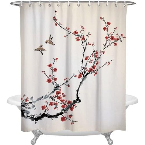 Plum Blossom Branches Ink Style Bathroom Shower Curtain Polyester Fabric Waterproof Shower Curtains with Hooks