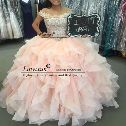 Off the Shoulder Light Pink Quinceanera Dresses Beaded Crystal Ball Gown Sweet 16 Dresses Ruffles Tulle Prom Dresses Lace Up