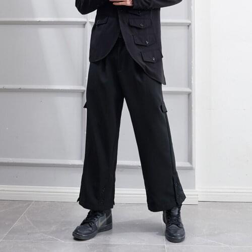 Loose 9-point black overalls casual street side button split personality fashion mens youth new fashion in spring and summer