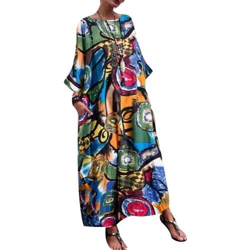 New Bohemia Women Floral Printed O Neck Long Sleeve Loose Casual Tunic Maxi Dress летние платья бохо