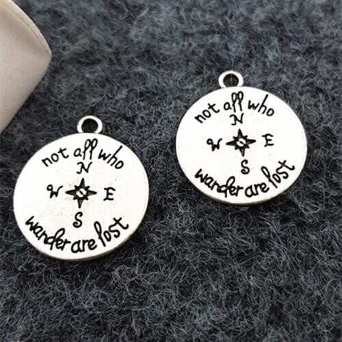 High Quality 20 Pieces/Lot Diameter 18mm Antique Silver Plated Letter Printed Not all who wander are lost Compass Charms