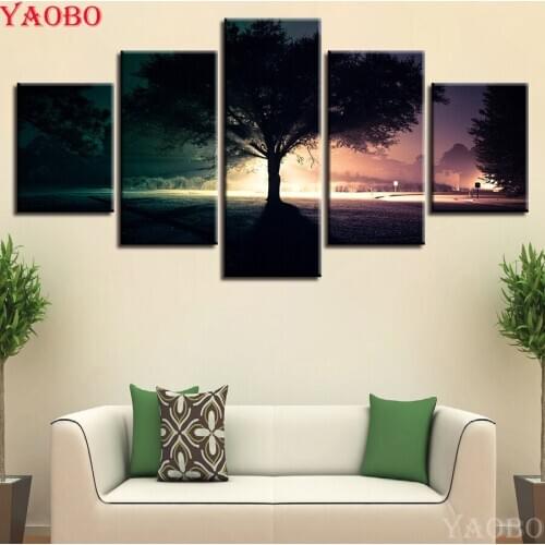 Yao bo DIY Diamond Embroidery Tree Nightscape Dusk landscape Diamond Painting For Living Room Home Decor Cross Stitch 5Pcs/set