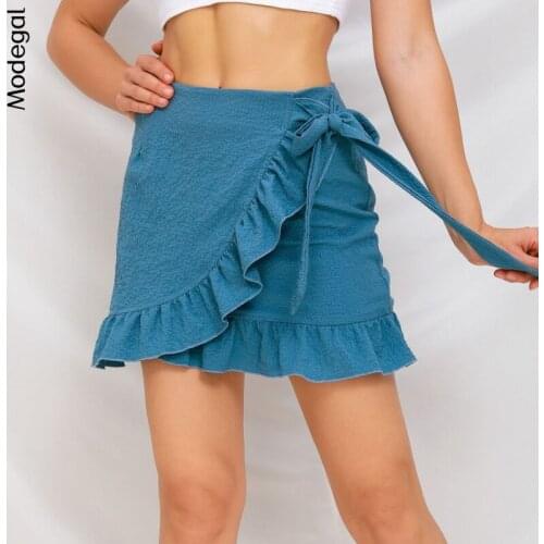 Modegal Womens High Waist Ruffle Hem Tie Wrap Mini Skirt Side Knot Solid Color Summer Casual A Line Overlap Skirt