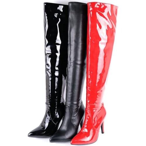 Black Red Thigh Boots Lady Autumn Winter New Pointed High Heel Boots Female Fashion Patent Leather Zipper Large Size Women Shoes