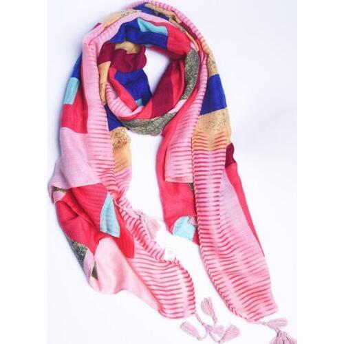 Women fashion colorful plaid cotton silk soft tassel scarf