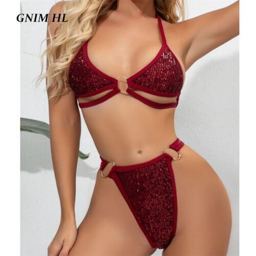 GNIM High Waist Shiny Bikini Swimwear Women 2020 Summer Solid Brazilian Swimsuit Two Pieces Bandage Swim Bathing Suit Women New