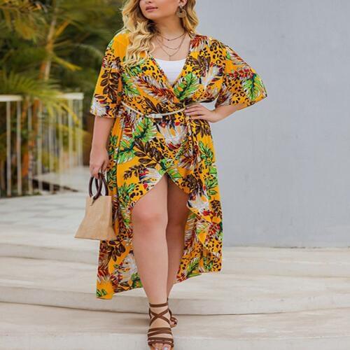 Summer new large size coat 5XL 6XL 7XL 8XL 9XL bust 140CM fashion womens sexy V-neck belt short-sleeved printed trench coat