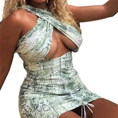 Female Bodycon Dress Tie-Dye Halter Sleeveless Backless Bandage One-Piece with Drawstring for Women Summer Sexy Club Party Dress