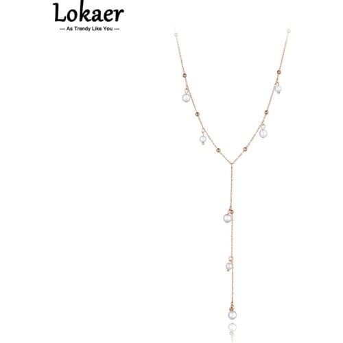 Lokaer Fashion Bohemia Titanium Stainless Steel White Pearl Choker Necklace Beach Pendant Chain Necklace For Women Girls N21139