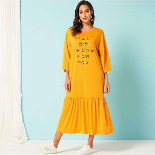 Women Casual Dress Plus Size Holiday Maxi Dress Letter Print O Neck Three Quarters Sleeve Ruffle Dresses Vestidos Spring Summer