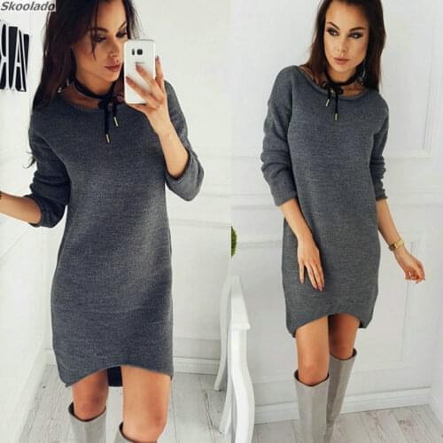 Womens Sweater Dresses Casual Knit Solid Spring Autumn Solid Color round Collar Long Sleeve High Low Split Sexy Warm Mini Dress